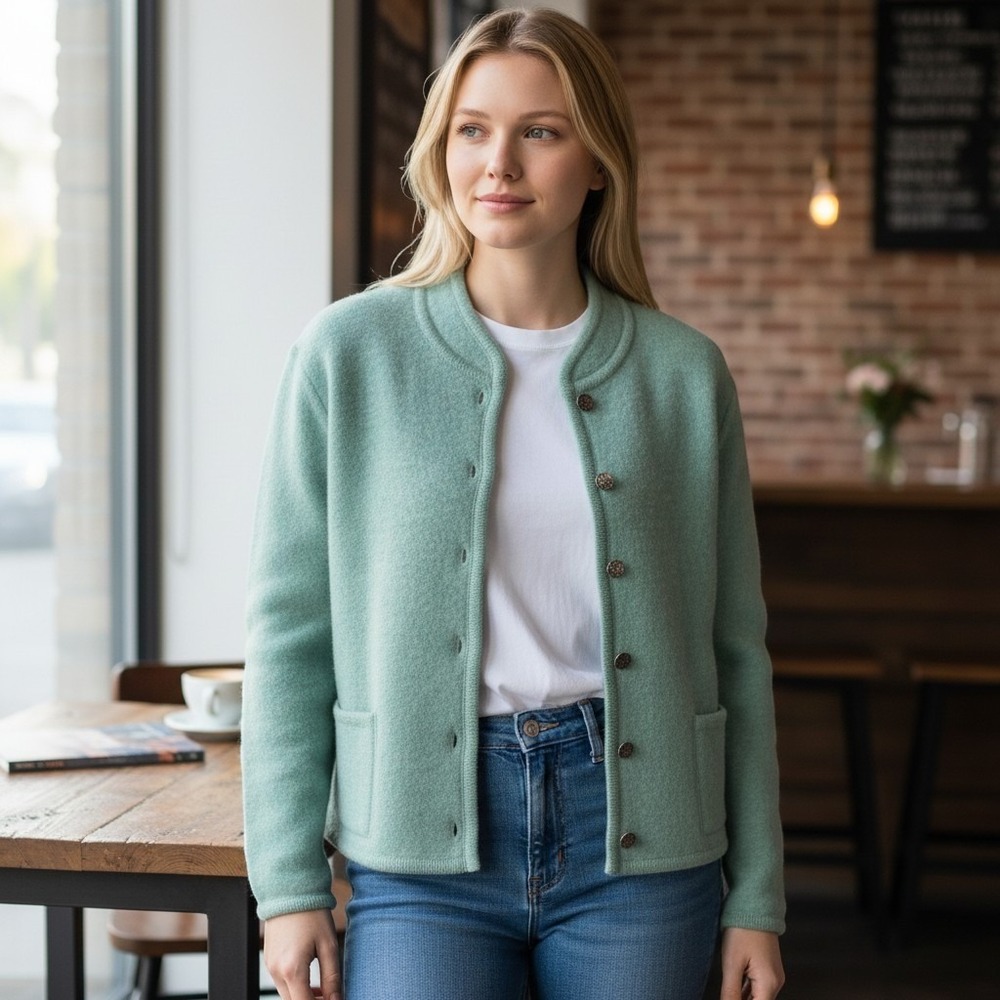 Appleseed's knit wool cardigan sweater button-front front patch pockets L teal